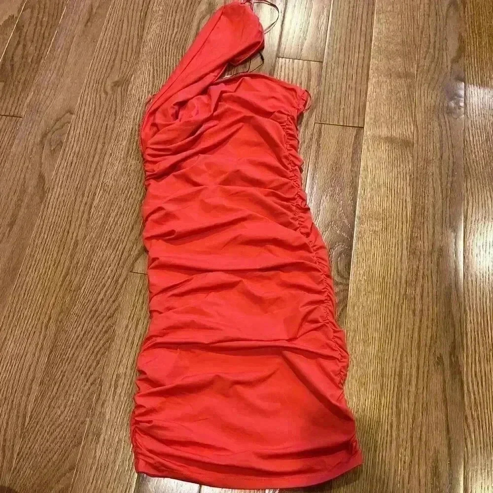 Zara Red One-Shoulder Ruched Mini Dress